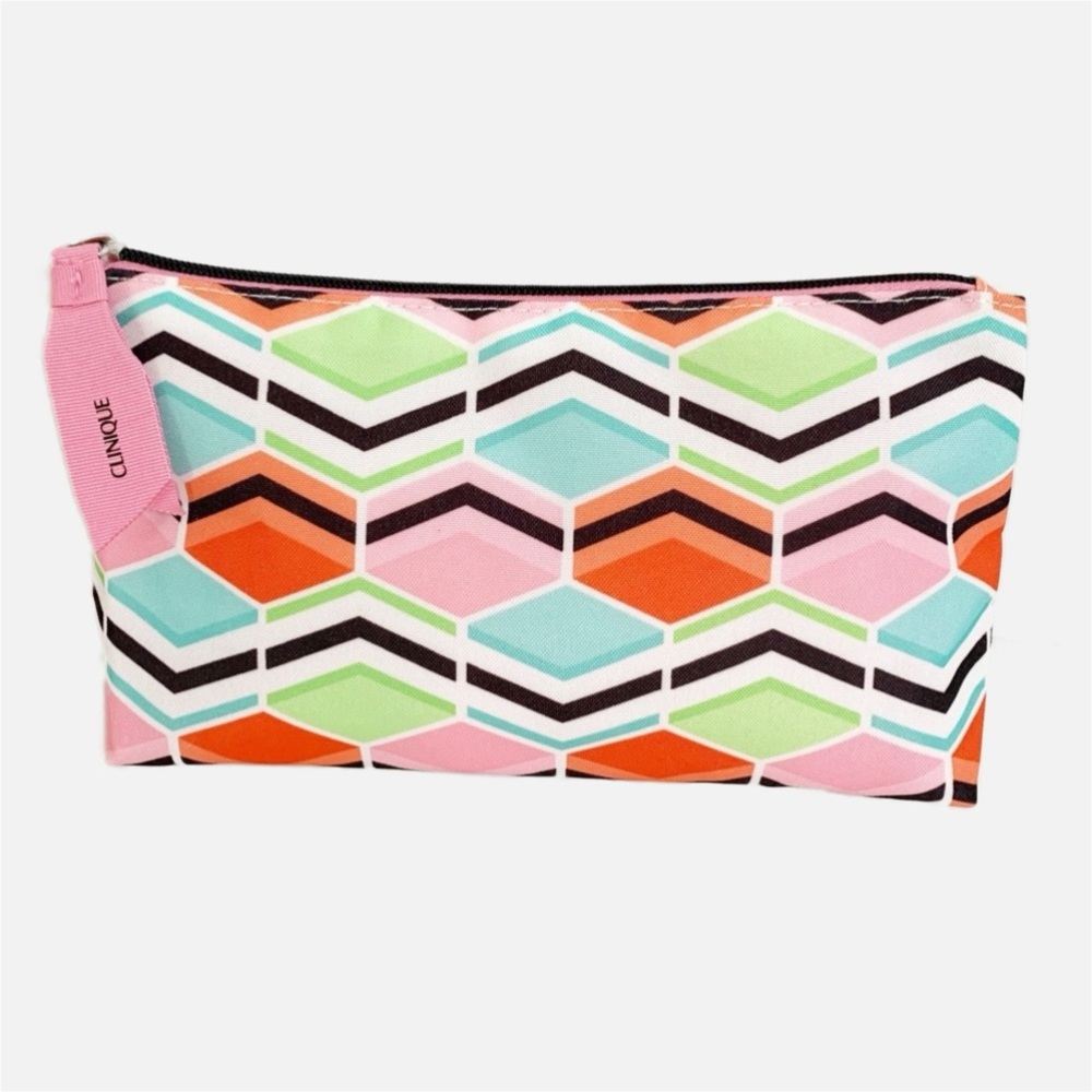 Clinique Multi-Color Fully Lined Make Up Bag Zipper Closure Three D Geometric